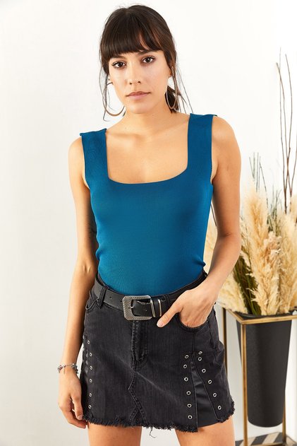 Women's Petrol Blue Thick Strap Summer Knitwear Blouse BLZ-19000853