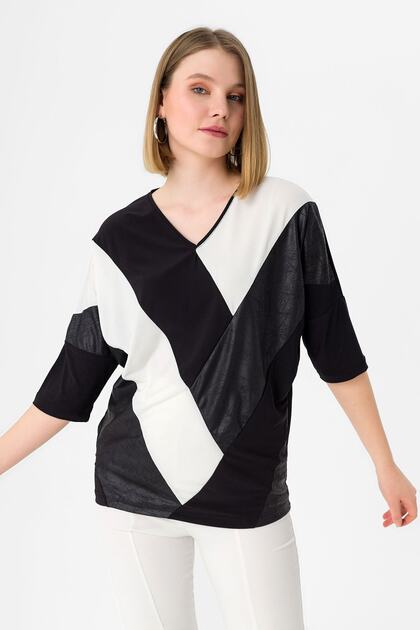 Women's Black and White Front Block Piece Patterned Leather Garnished Bat Sleeve Wide Cut Blouse