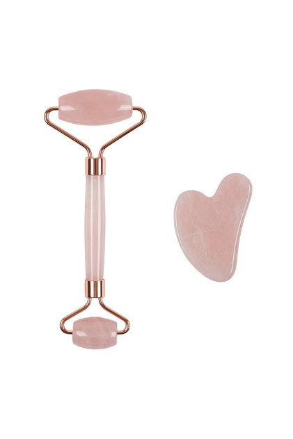 Pembe Kuvars Face Roller Ve Pembe Kuvars Kalp Gua Sha Yüz Masaj Taşı Premium Set