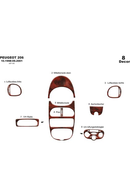 Meriç ® Peugeot 206 Front Glove Box Trim Mahogany 8 Pieces 1998-2001