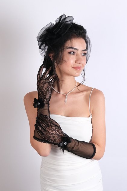 Feather Ribbon Detailed Bridal Gloves and Wedding Cap Set