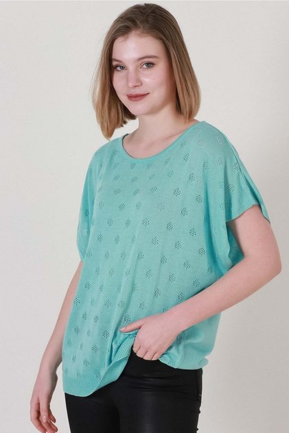 Women's Turquoise Low Sleeve Summer Fine Knitwear Blouse