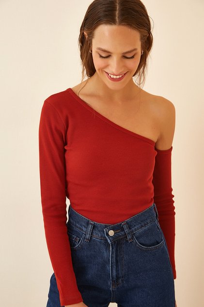 Women's Brick Open Shoulder Corded Knitted Blouse TG00011