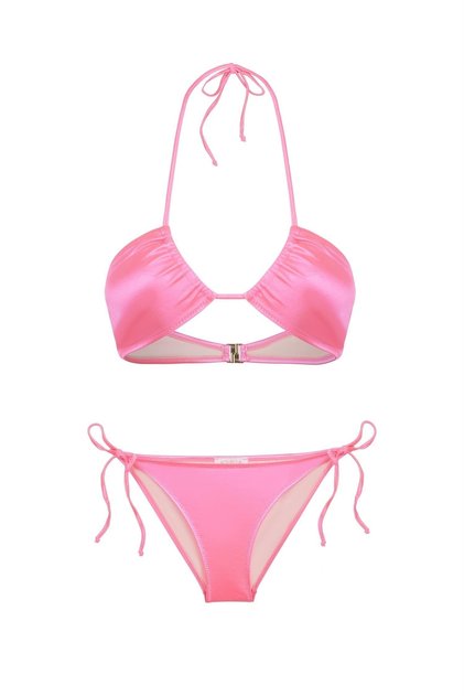 Halter Neck Satin Pink Bikini Set