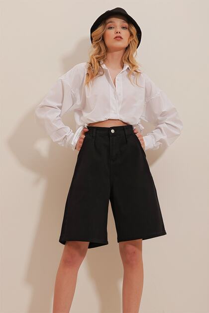 Trend Alaçatı Stili Kadın Siyah Yüksek Bel Wide Leg Bermuda Denim
