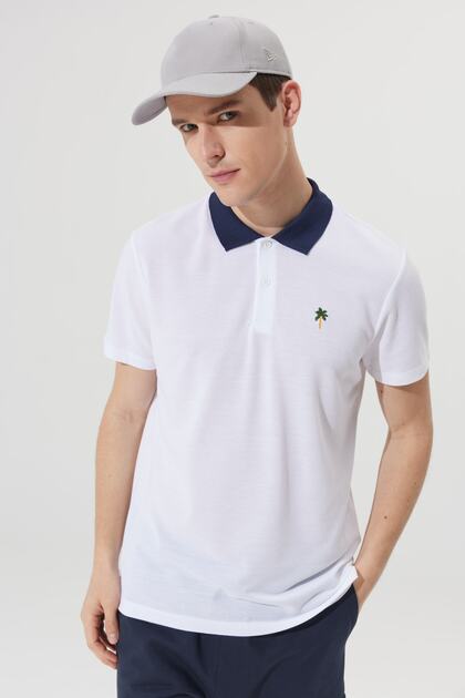 Men's White Slim Fit Slim Fit Narrow Polo Collar Cotton Short Sleeve T-Shirt