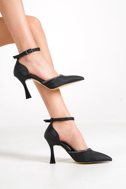 Topez Black Satin Stone Stiletto Heeled Shoes