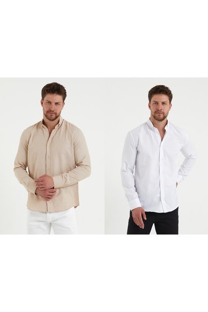 Men's Slim Fit Double Oxford Button Collar Shirt White Beige