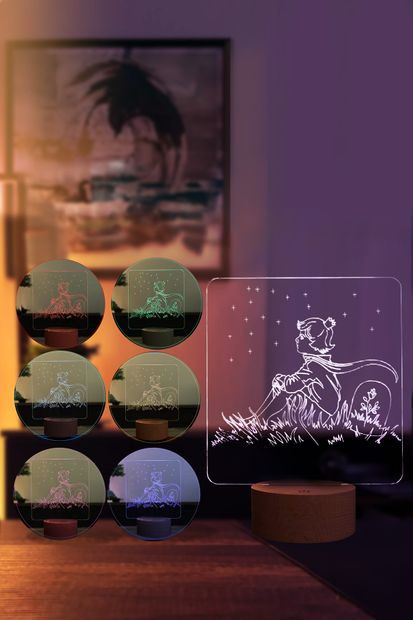 BY-LAMP Küçük Prens Ve Yıldızlar Figürlü Dekoratif Hediye Led Masa Lambası | 7 Işık Rengi | Ahşap Taban - 2