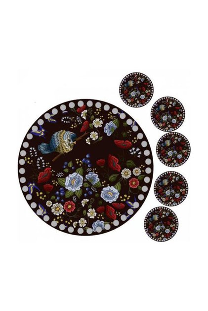 30 Cm Round Fish Printed Knitted Wooden Tray Base Plate, 5 Pieces 10 Cm Printed Under Cup