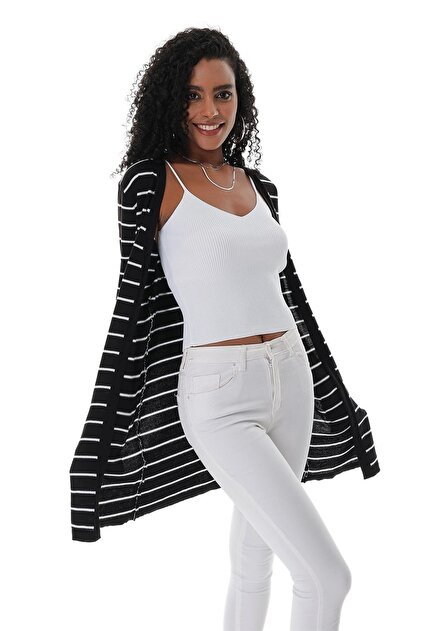 Women's Striped Pocket Detailed Open Form Cotton Thin Knitwear Cardigan Black 23s1010