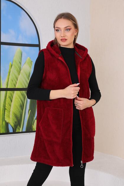 Hooded Fleece Long Burgundy Plush Vest