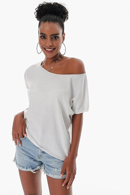 Women's Boat Neck Wide Fit Cotton Thin Knitwear Sweater Ecru 23s1018