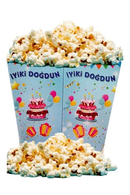 Corn Box Blue Happy Birthday Written Cake Patterned Party Event & Birthday Popcorn Box 8-Pack