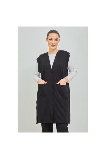 Women's Black Long Pocket Buttoned Combed Cotton Mother Plus Size Tunic Vest