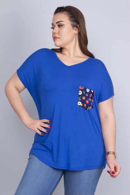 Women's Large Size Cobalt Blue Pocket Lettering Pattern Tulle Detailed Low Sleeve Viscose Blouse 65n22702
