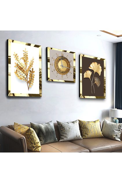 Gold Aynalı Pleksi Çerçeveli Çiçek Üçlü Mdf Tablo Seti Ve Saat Seti