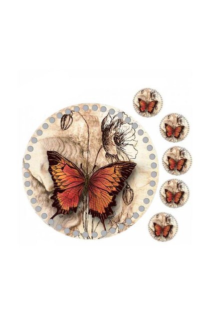 30 Cm Round Butterfly Printed Knitted Wooden Tray Base Plate, 5 Pieces 10 Cm Printed Under Cup 011