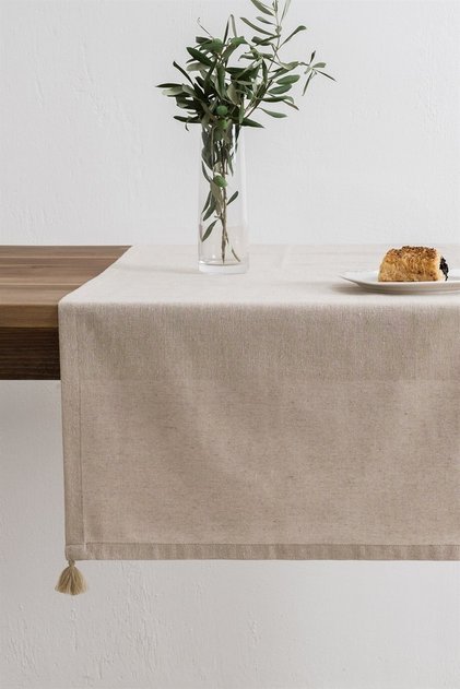 Bej Püsküllü Runner -Selendi Soft Masaüstü Runner Model - 50x150 Cm