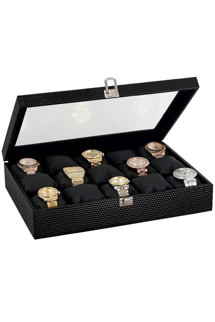 15-piece Diamond Black Leather Wooden Glass Watch Box st15-24