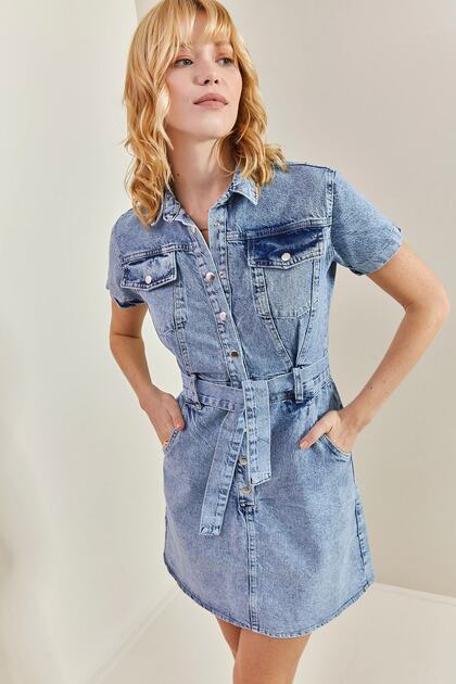 Bianco Lucci Women's Belted Snap Button Denim Dress- Trendyol