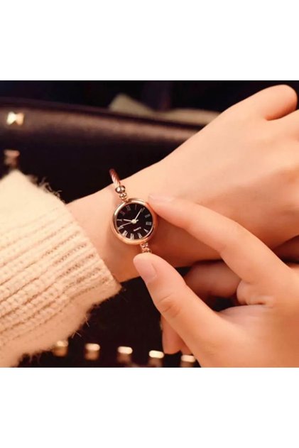 Rose-siyah Ince Bileklik Yuvarlak Vintage&retro Saat