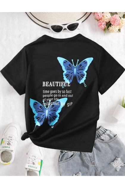 Black Beautiful Butterfly Printed Kids Combed Cotton Tshirt