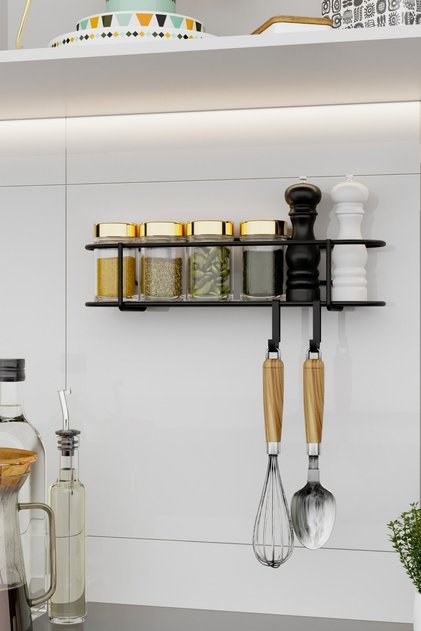 Spice Rack Luxury Metal Black Kitchen Shelf Bathroom Shelf with Adhesive Hooks Design Salt Shaker Hanger