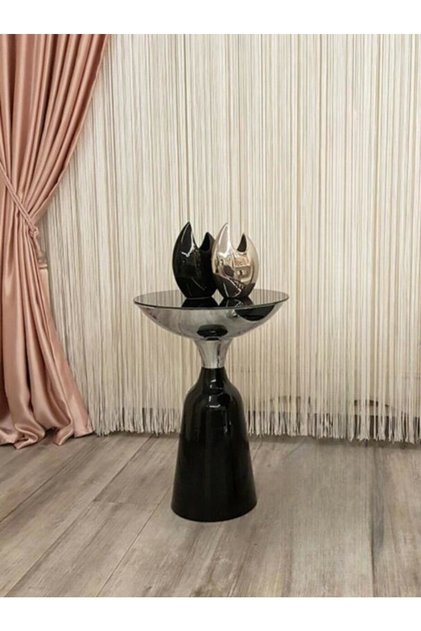 Olympos Dekoratif Parlak Siyah Uzun Model Krom Sehpa 55 Cm
