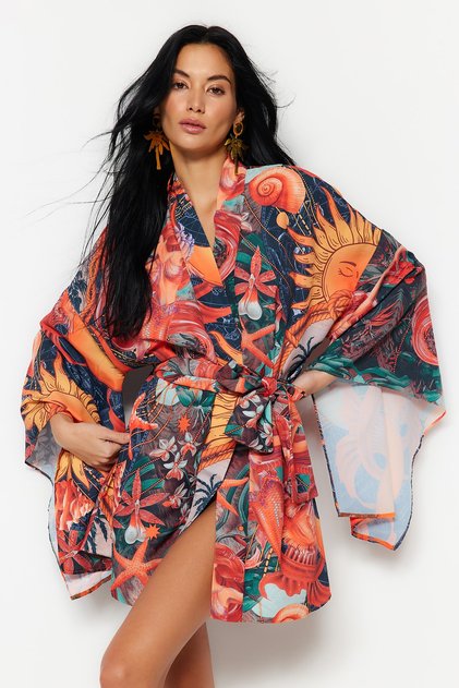 Tropisch gemusterter, gemusterter, gewebter Mini-Kimono und Kaftan mit Schärpen und Volants für den Strand TBESS23KM00024
