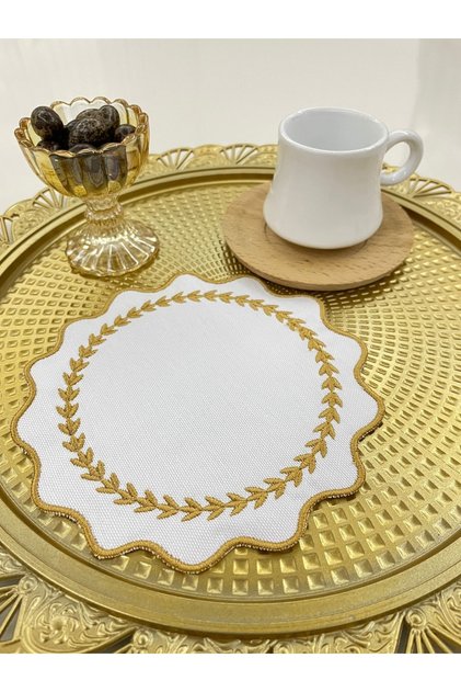 6-Piece Round Spike Embroidered Gold Color Linen Presentation Cocktail Napkin & Coaster