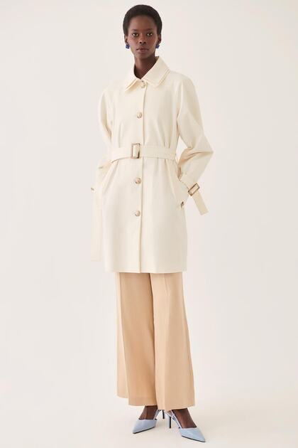 Eleri Regular Fit Shirt Collar Above Knee Ecru Color Women's Trench Coat