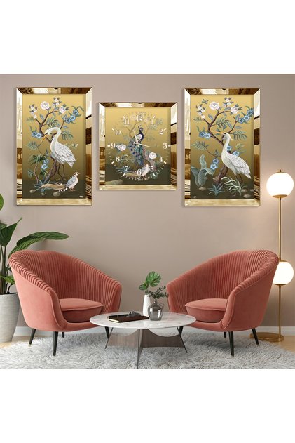 Tavus Kuşu Soyut Desen Gold Pleksi Kenar Üçlü Mdf Tablo Seti Ve Saat Seti