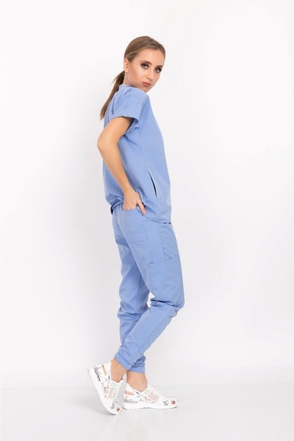 Baby Blue Çağla Model Elite Lycra Judge Collar Snap Fastener Doctor Nurse Scrubs Uniform Set
