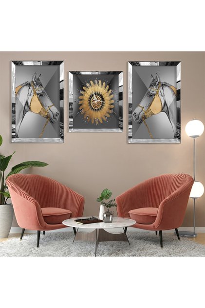 Horse Abstract Pattern Silver Plexi Edge Triple Mdf Table Set and Clock Set