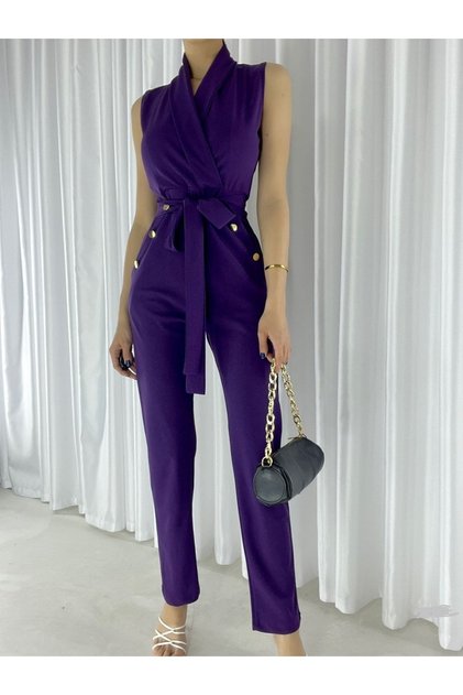 Purple Fabric Self-Belt Pocket Detailed Evening Dress Jumpsuit 728 582414