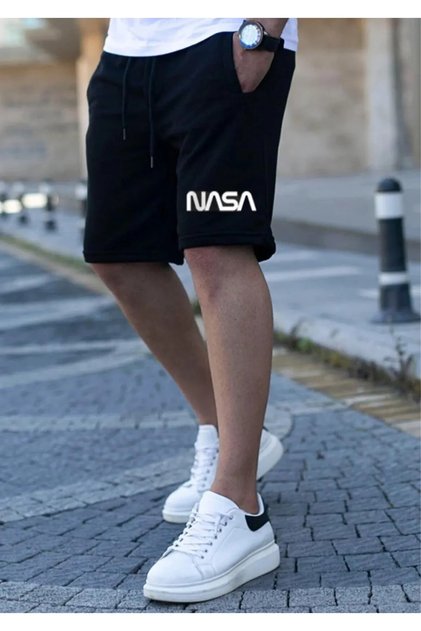 Nasa Şort - Siyah, Baskılı, Yüksek Bel, Örme, Cepli, Erkek