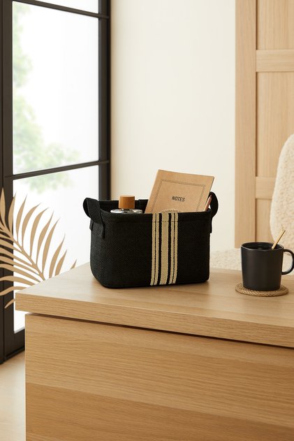 Striped Black Jute Closet Laundry Toy Organizer Folding Storage Basket Organizer 24X17X14