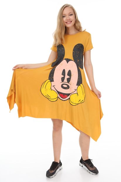 Suanye Sarı Mickey Baskılı Elbise - 2