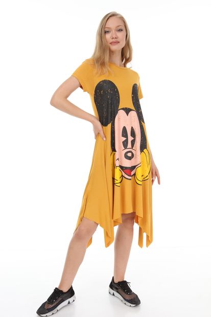 Suanye Sarı Mickey Baskılı Elbise - 4