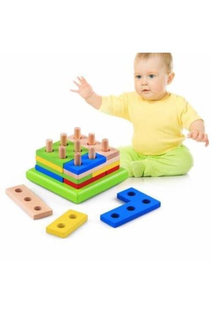 HAMAHA Ahşap 16 Parça Geometrik Sekiller Puzzle Vidalama Bultak Oyunu Ahşap Oyuncak Bloklar Oyunu - 1