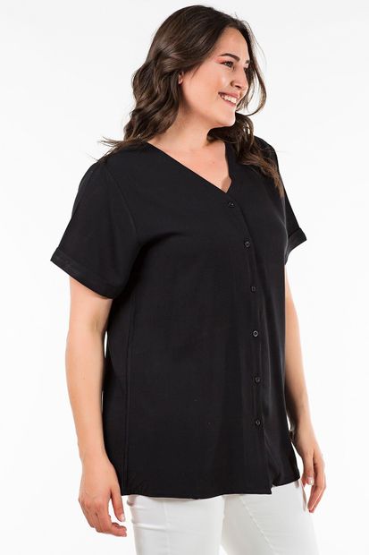 Womenice Kadın Büyük Beden Siyah Arkası Çapraz Gömlek - 3