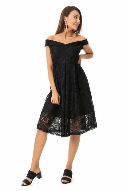 Sateen Kadın Siyah Düşük Omuz Dantel Elbise - 2