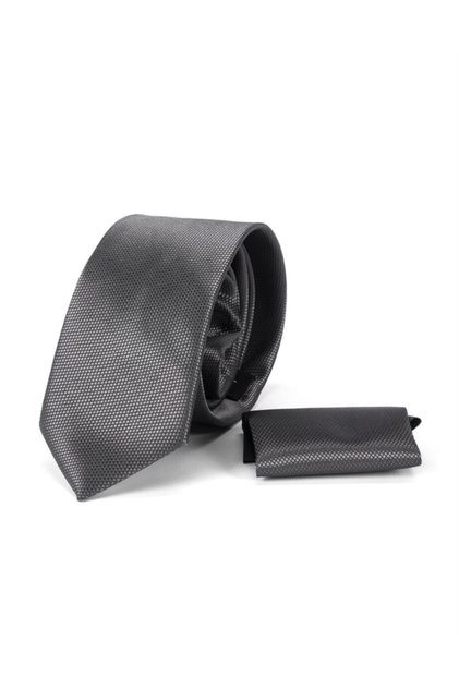 Men's Classic Tie 7 Cm Gray with Self Patterned Handkerchief