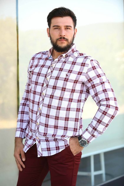 Men's Claret Red Oversize Linen Buttoned Collar Foldable Sleeve Shirt F5213