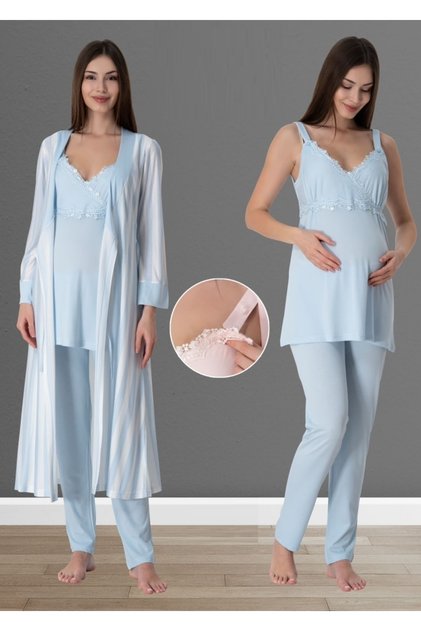 Blue Striped Cotton Pajamas and Dressing Gown Set for Pregnant and Maternity - Effortt