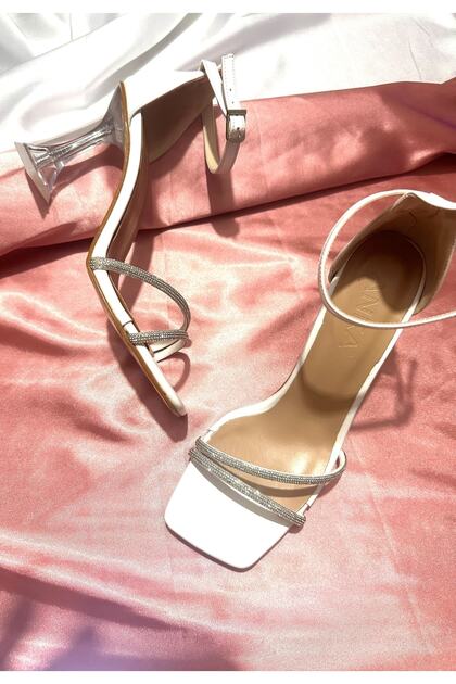 Lady Alb Bej Piatră Foarte Elegant 8 Cm Toc Transparent Deget Blunt Nunta Logodna Rochie De Seara Pantofi Sandale