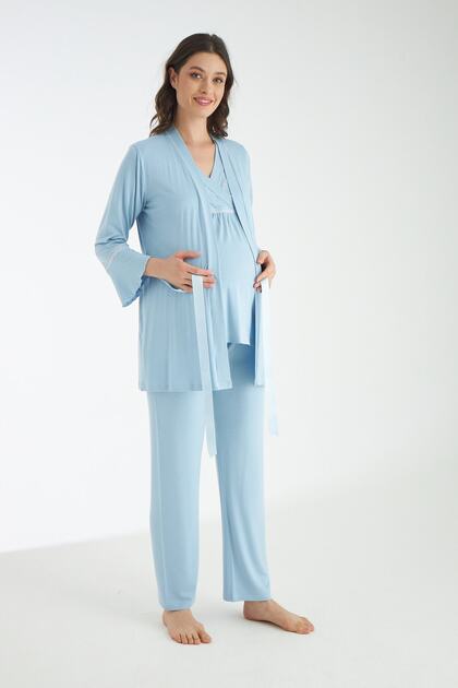 Baby Blue Lace Detailed 3-Piece Maternity and Maternity Pajamas Set with Dressing Gowns