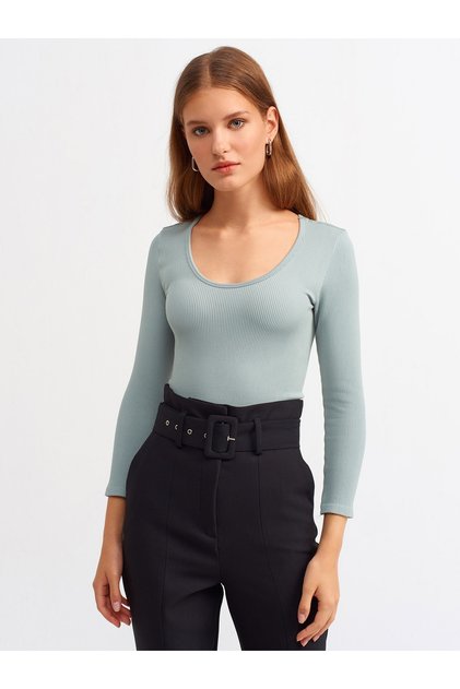 Kadın Havuz Yaka Uzun Kollu Crop Top 3529