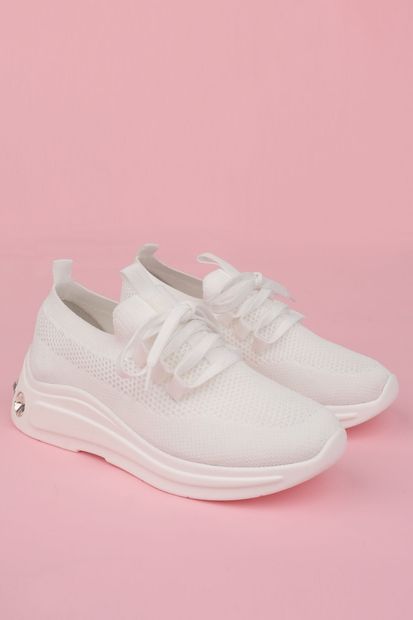 Marjin Kadın Sneaker Kalın Taban Triko Spor Ayakkabı Petro beyaz - 6